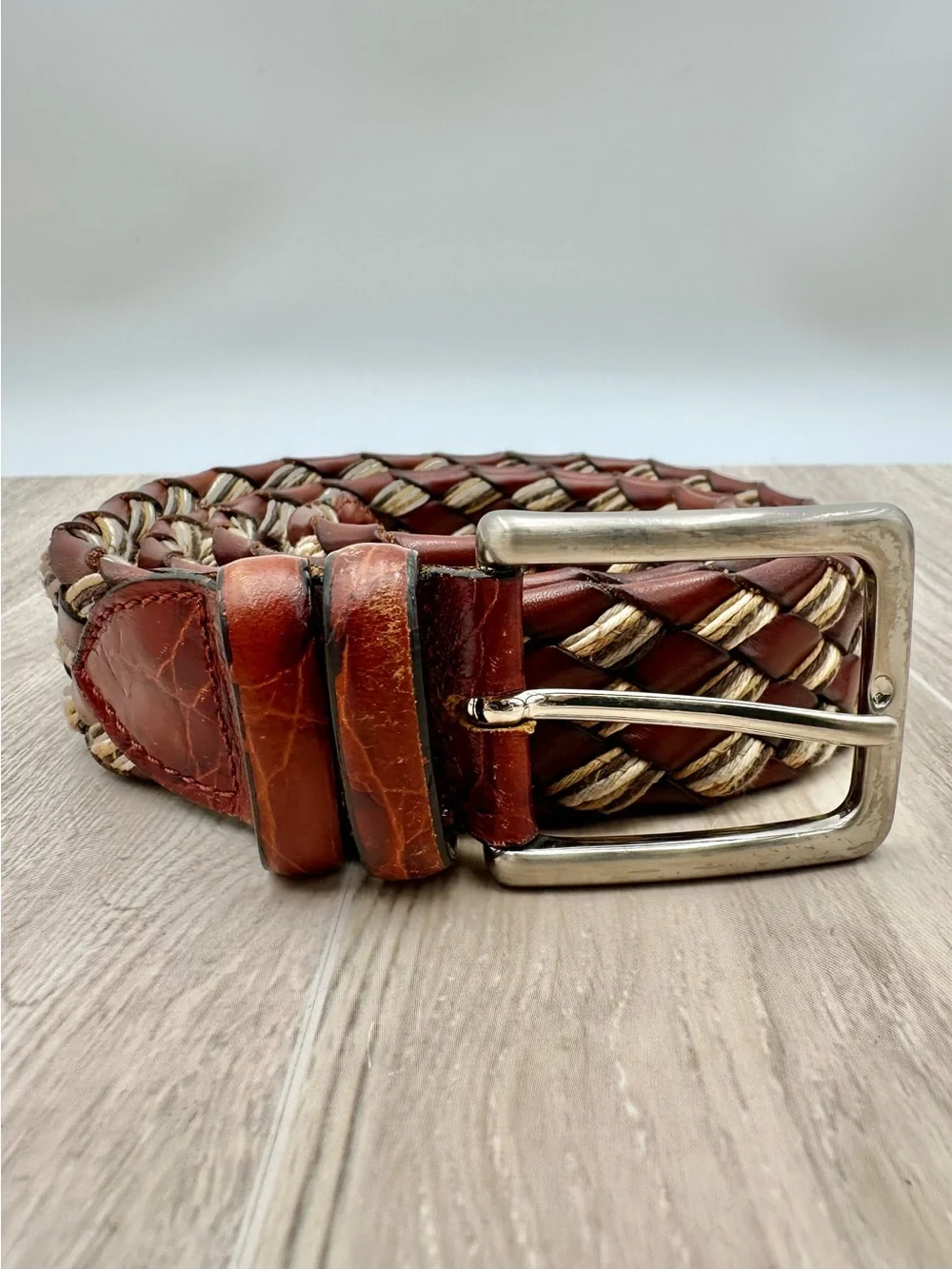 VTG Novia Brown Italian Leather Braided Belt Mixed w/ Natural Fiber Weave Sz 36